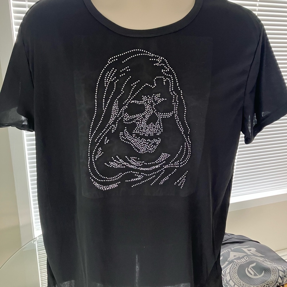 Black Graphic Tee with Rhinestone Skull
